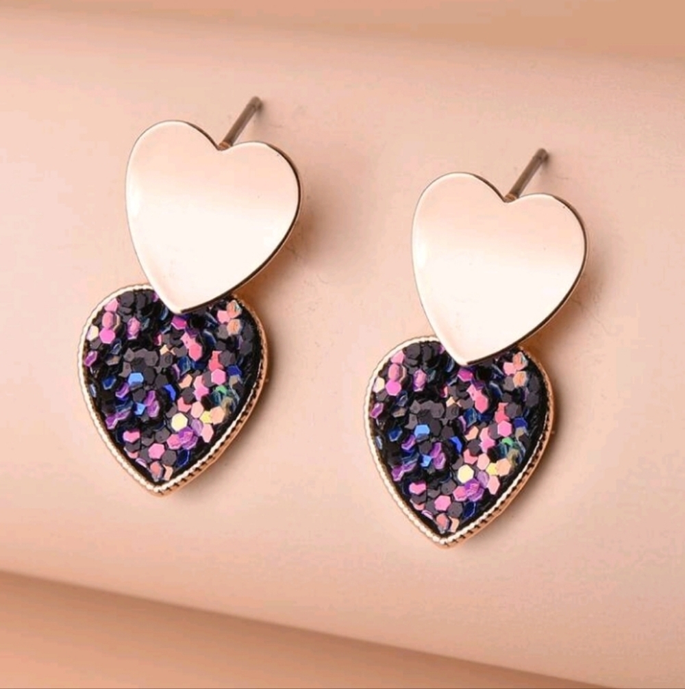 Heart-Shaped Glitter Dangle Earrings